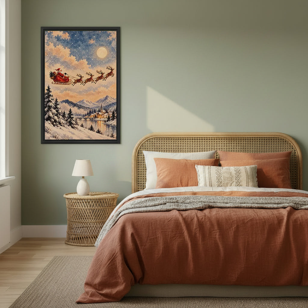 Framed Santa sleigh canvas wall art in a sage green bedroom