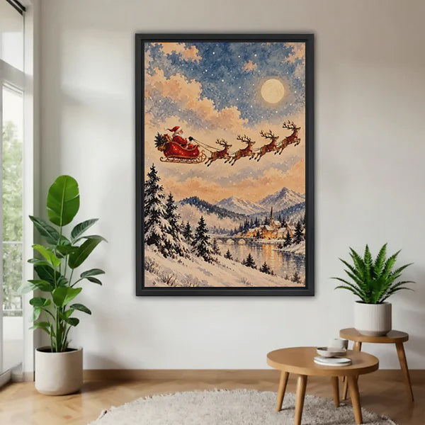 Black-framed Santa sleigh canvas wall art displayed between potted plants