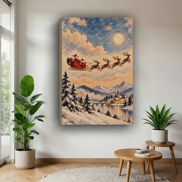 Gallery-wrap Santa sleigh canvas wall art in a bright corner beside plants