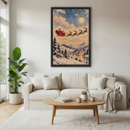 Vintage Santa sleigh canvas wall art above a cream living room sofa
