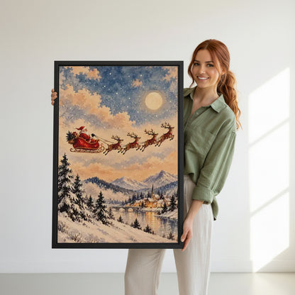 Model holding framed Santa sleigh canvas wall art for size reference