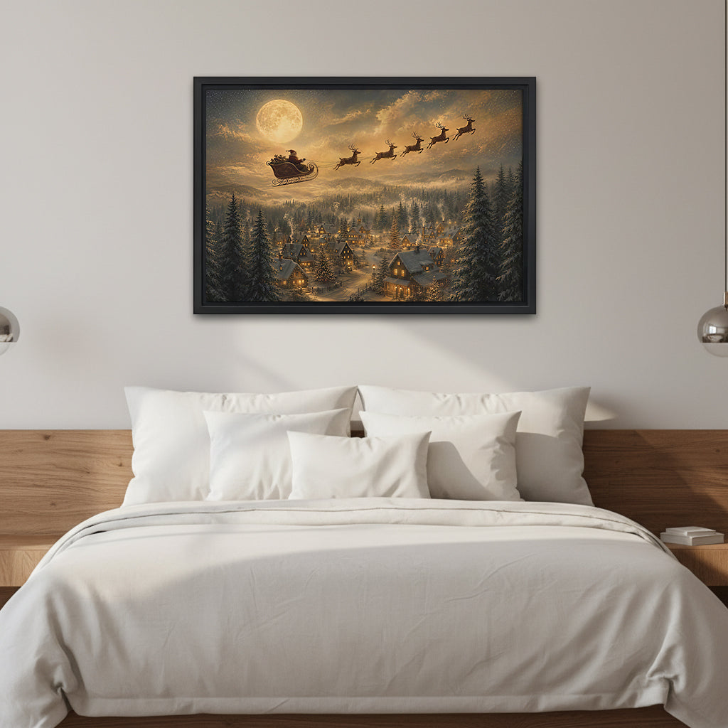 Framed Santa sleigh canvas wall art above a white bed with a wooden headboard and pendant lights.