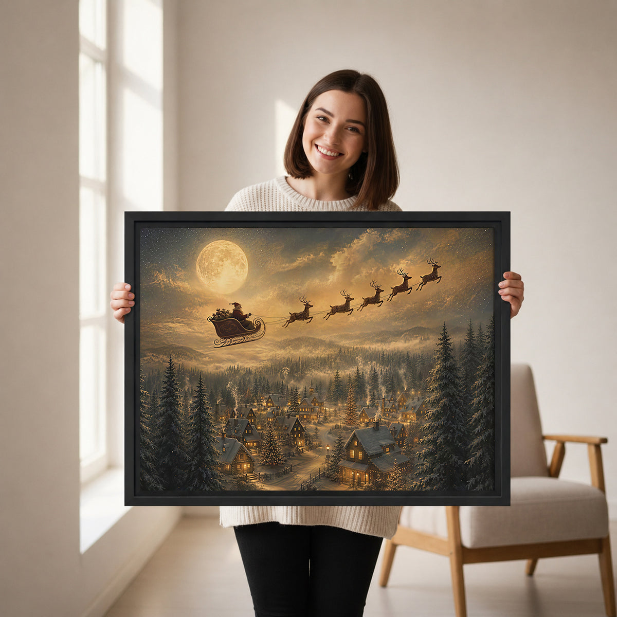 Woman holding framed Santa sleigh canvas wall art featuring flying reindeer, a golden moon, and snow-covered cottage