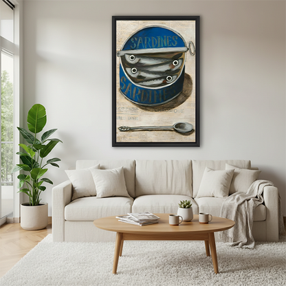 Woman holding framed sardine tin canvas wall art featuring an open blue can on a cream printed background.