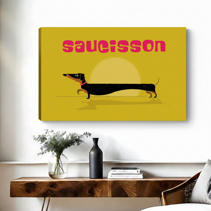 Frameless gallery wrap canvas of saucisson dachshund retro poster above wood console with vase in bright living room