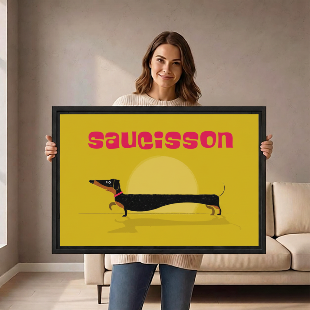 Woman holding large saucisson dachshund retro poster framed canvas art to show size scale in living room