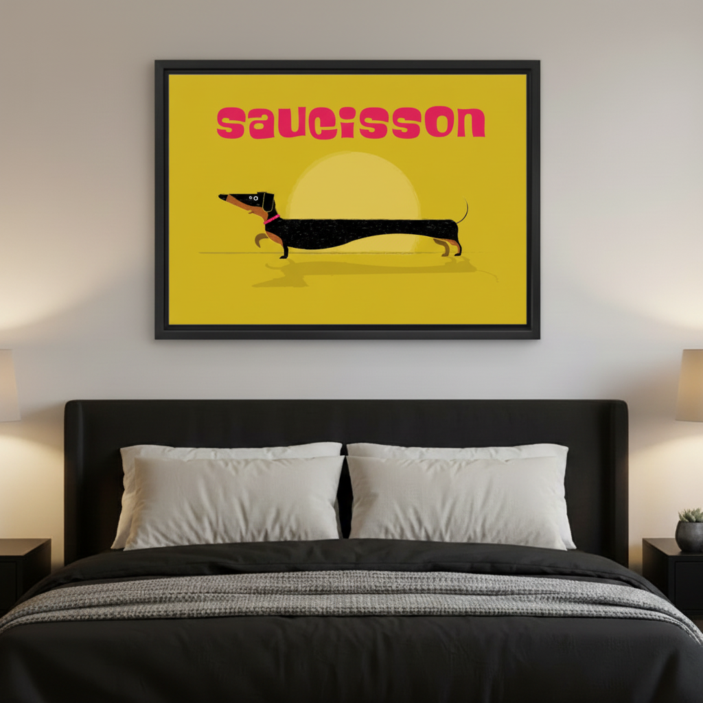 Saucisson dachshund retro poster framed canvas art above dark upholstered bed as bold bedroom wall decor