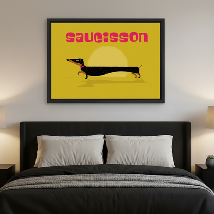 Saucisson dachshund retro poster framed canvas art above dark upholstered bed as bold bedroom wall decor