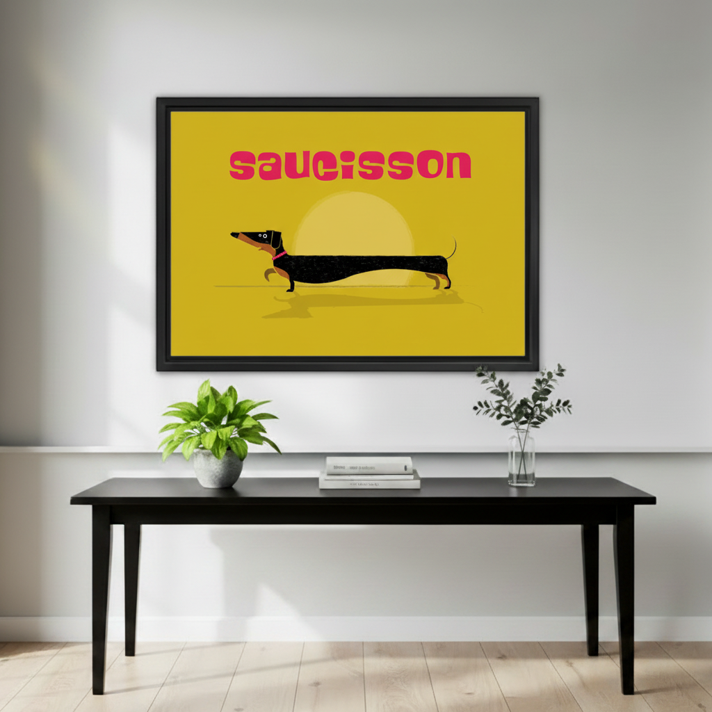 Bold saucisson dachshund retro framed canvas art above black console table with plants in minimalist entryway