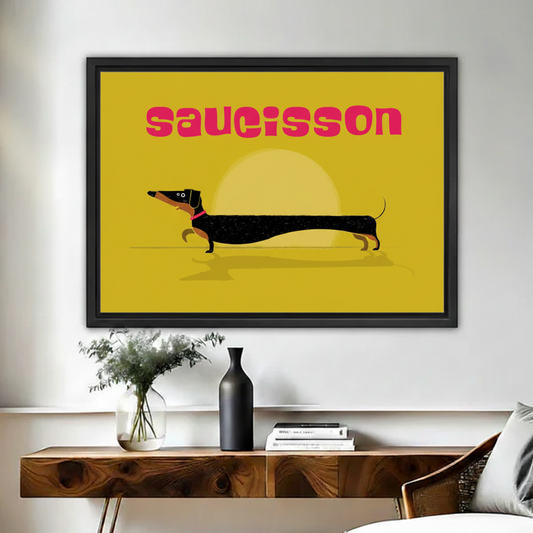 Saucisson dachshund retro poster framed canvas wall art above rustic wood console with vase in modern living room