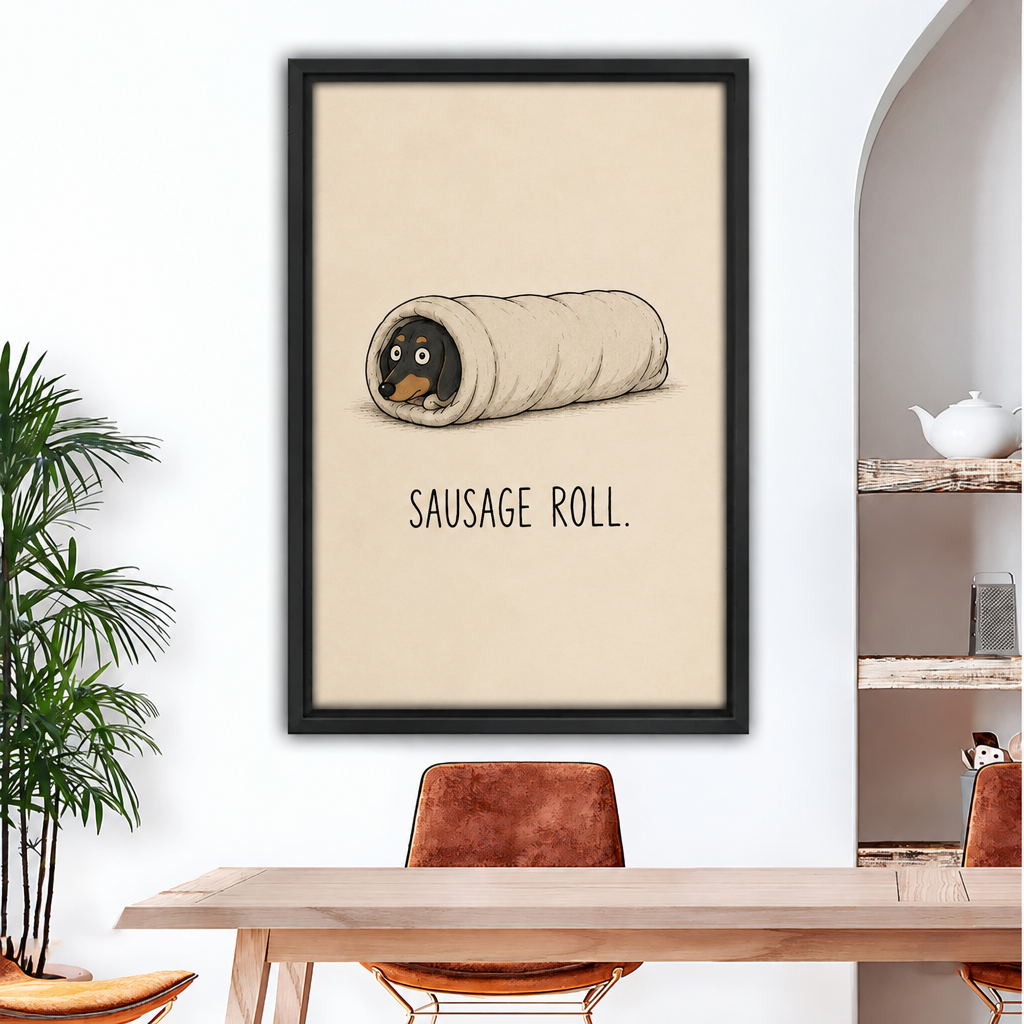 Framed sausage roll dachshund canvas wall art above a wooden dining table with tan leather chairs