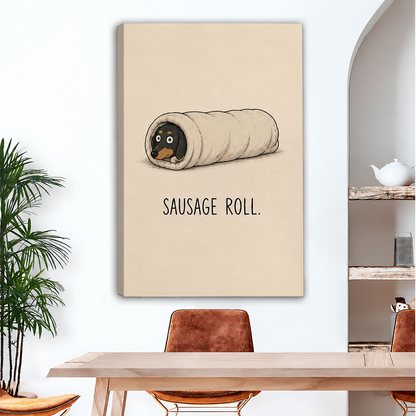Unframed gallery-wrap sausage roll dachshund canvas wall art with wrapped edges on a white wall