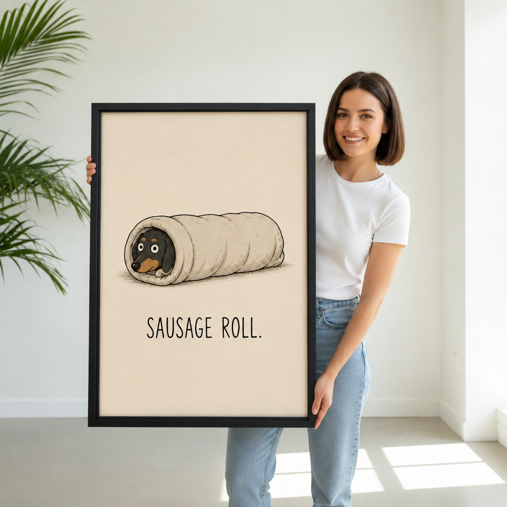 Smiling woman holding framed sausage roll dachshund canvas wall art to show its real size