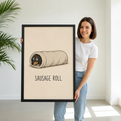 Smiling woman holding framed sausage roll dachshund canvas wall art to show its real size