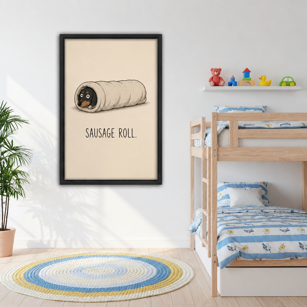 Sausage roll dachshund canvas wall art in a black frame beside a wooden bunk bed in a kids room