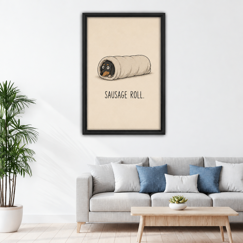 Sausage roll dachshund canvas wall art hanging above a grey sofa with blue and white cushions