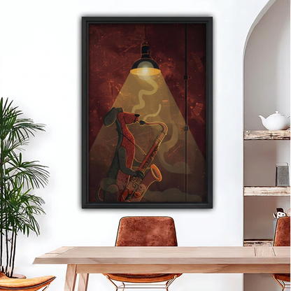 Black-framed saxophone dog canvas wall art above a wooden dining table
