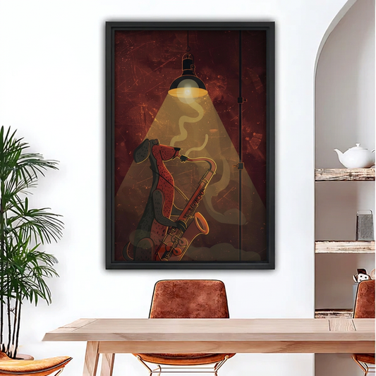 Black-framed saxophone dog canvas wall art above a wooden dining table