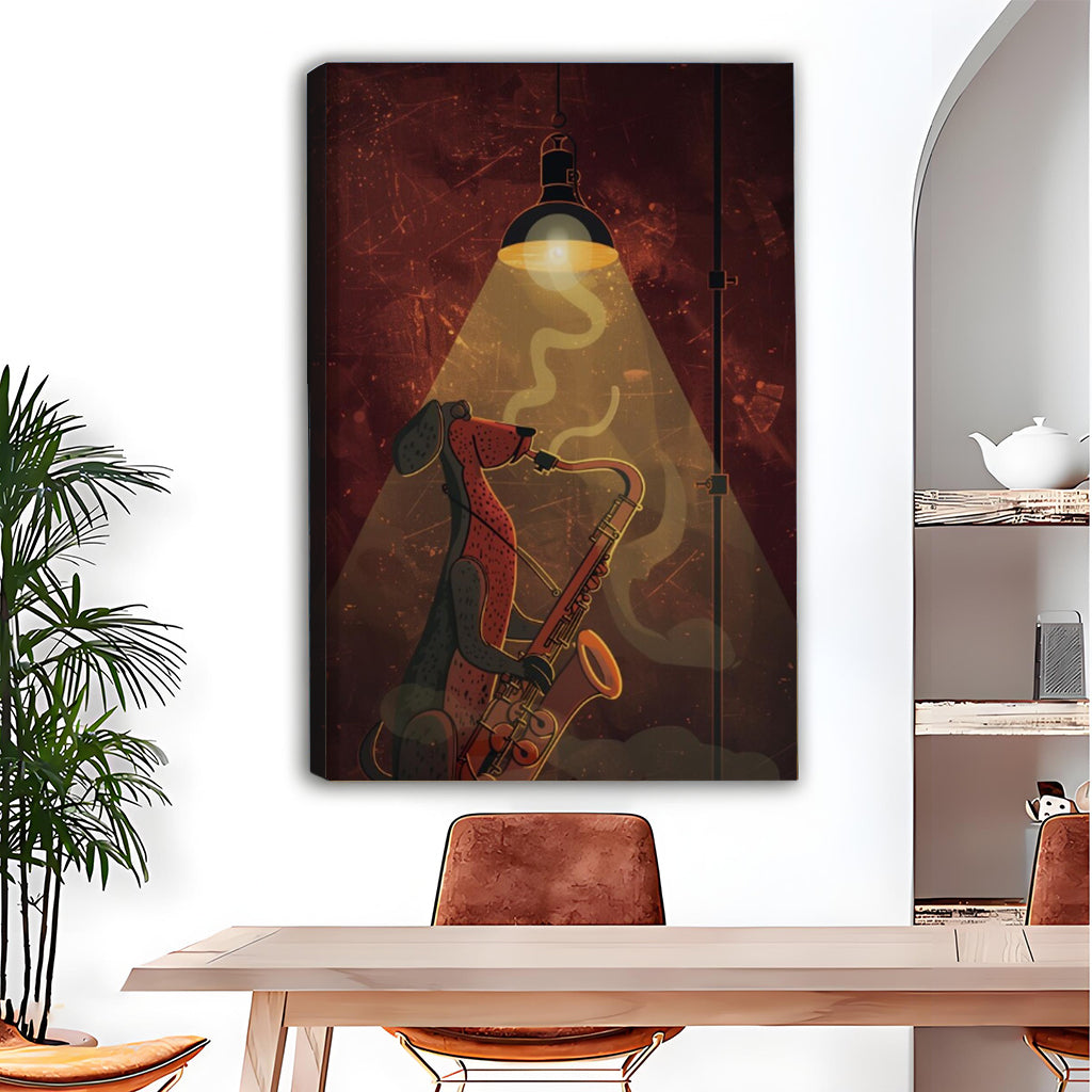 Gallery-wrap saxophone dog canvas wall art with visible left-edge depth above a dining table