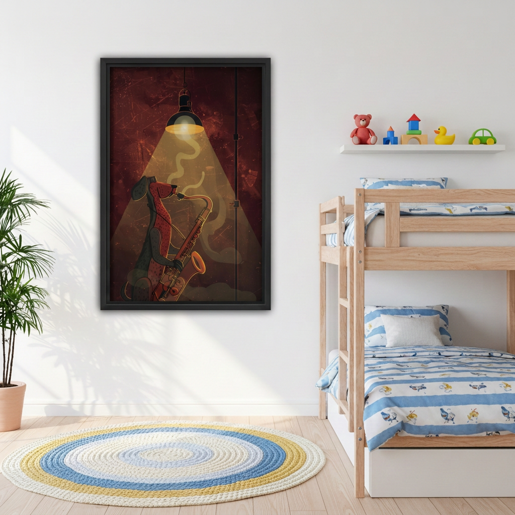 Retro saxophone dog canvas wall art beside wooden bunk beds in a kids’room