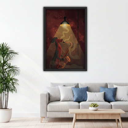 Retro saxophone dog canvas wall art above a gray sofa with blue cushions