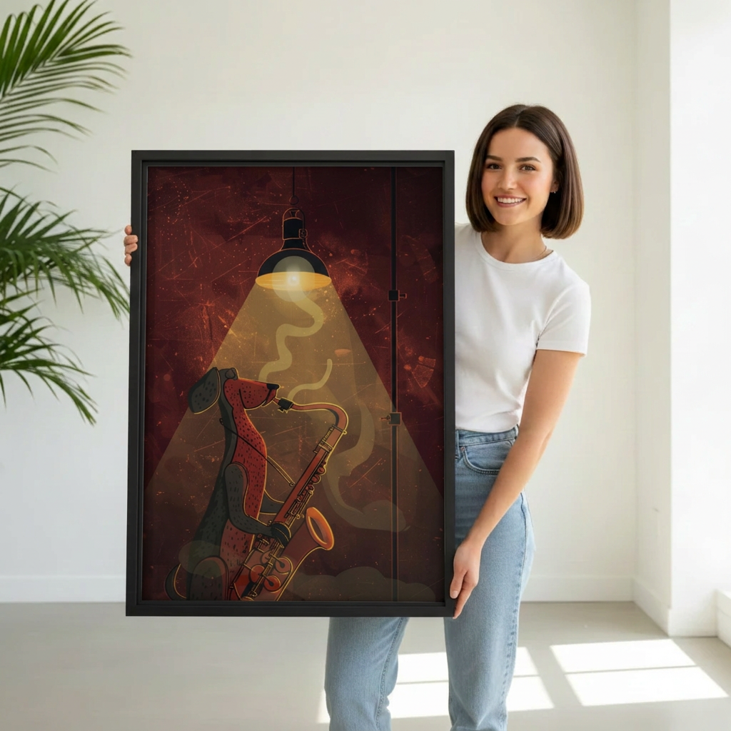 Model holding framed saxophone dog canvas wall art for size reference