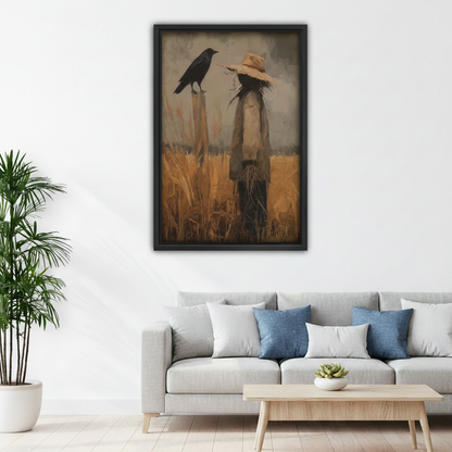 Vintage scarecrow and black crow wheat field framed wall art above gray sofa, dark moody rustic canvas for Scandinavian living room
