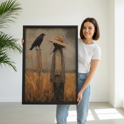 Woman holding large vintage scarecrow and crow wheat field framed canvas print, moody rustic wall art size reference lifestyle photo