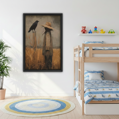  Moody vintage scarecrow and crow framed wall art beside kids bunk bed, rustic dark farmhouse print for children's bedroom decor