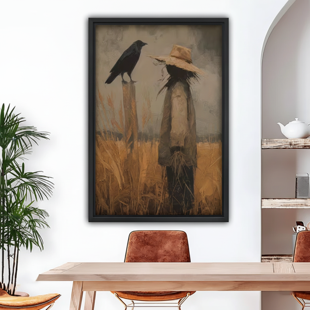  Vintage oil painting scarecrow and black crow in golden wheat field framed wall art above wooden dining table, moody rustic canvas for dining room