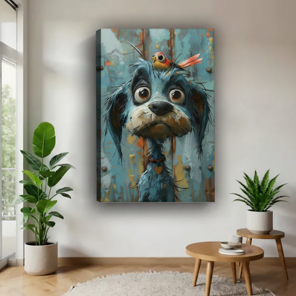 Frameless gallery wrap canvas print of scruffy cartoon dog with red bird, thick wrapped edges visible, displayed between two potted plants in minimalist room
