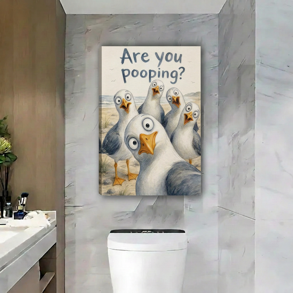 Gallery-wrap seagull Are You Pooping canvas wall art above a toilet