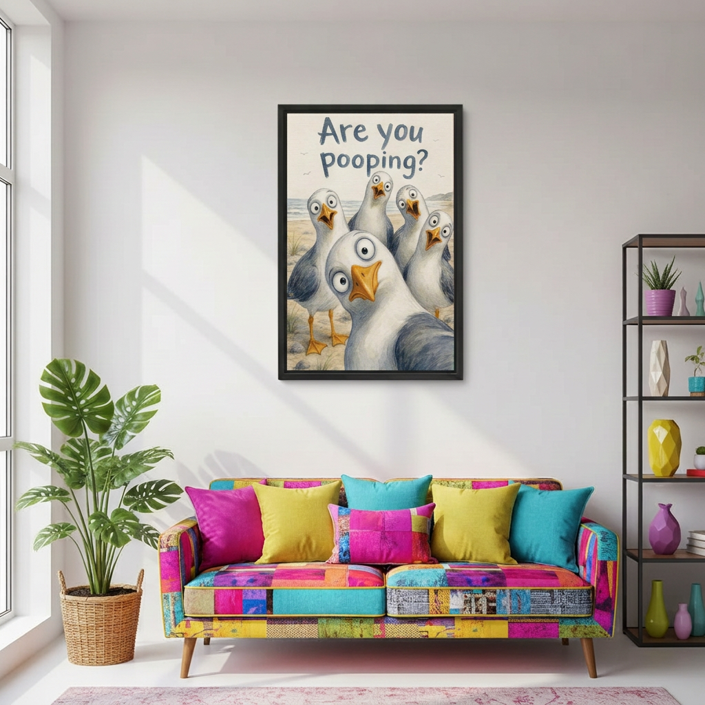 Funny seagull canvas wall art above a colorful living room sofa