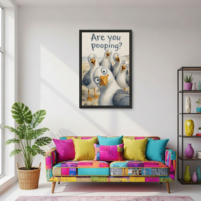 Funny seagull canvas wall art above a colorful living room sofa