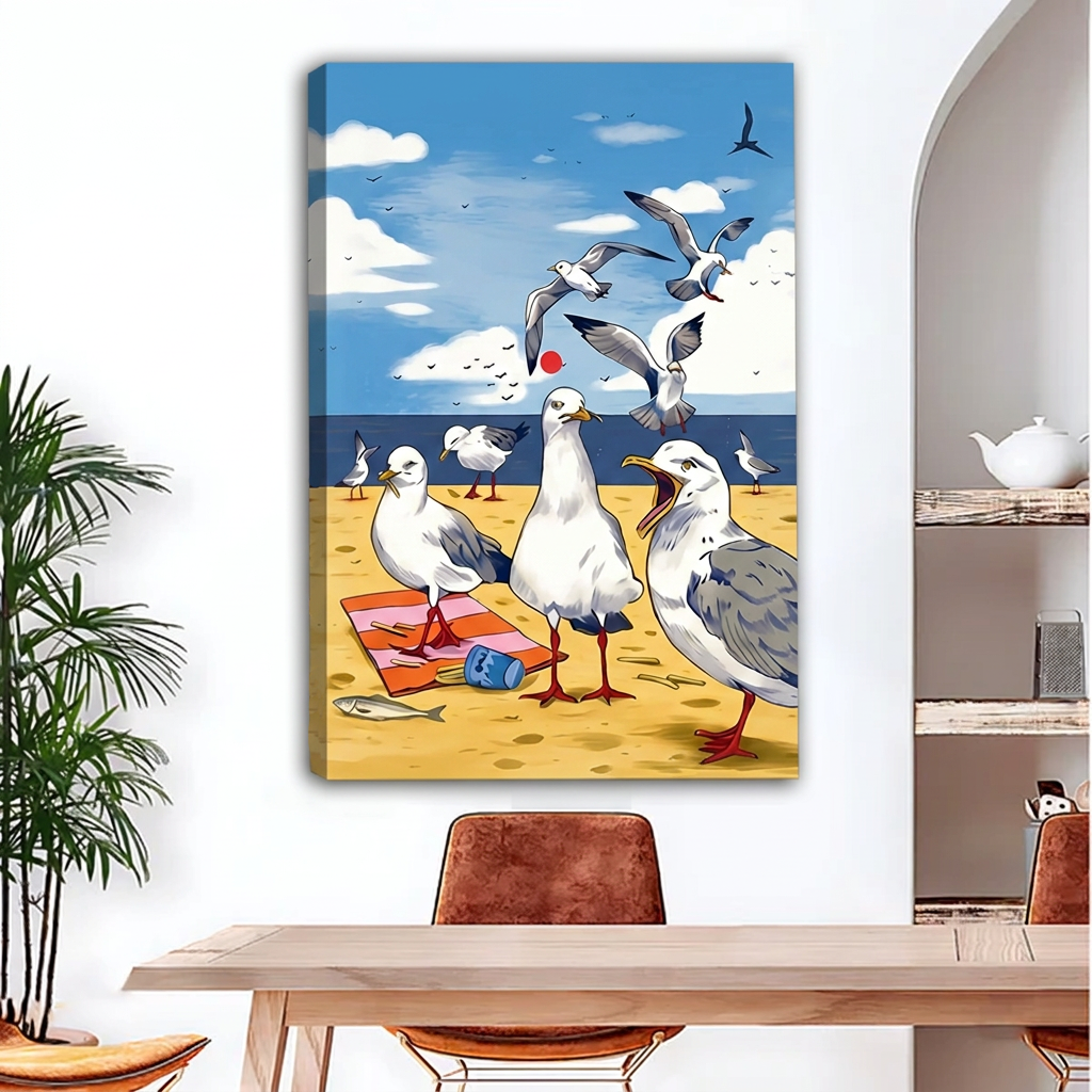 Gallery-wrap seagull beach party canvas wall art with visible left-edge depth above a dining table