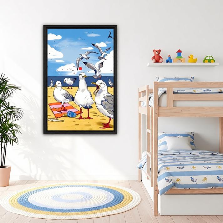 Seagull beach party canvas wall art beside wooden bunk beds in a kids’room