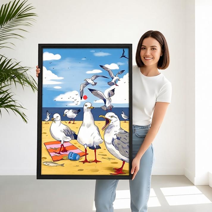Model holding framed seagull beach party canvas wall art for size reference