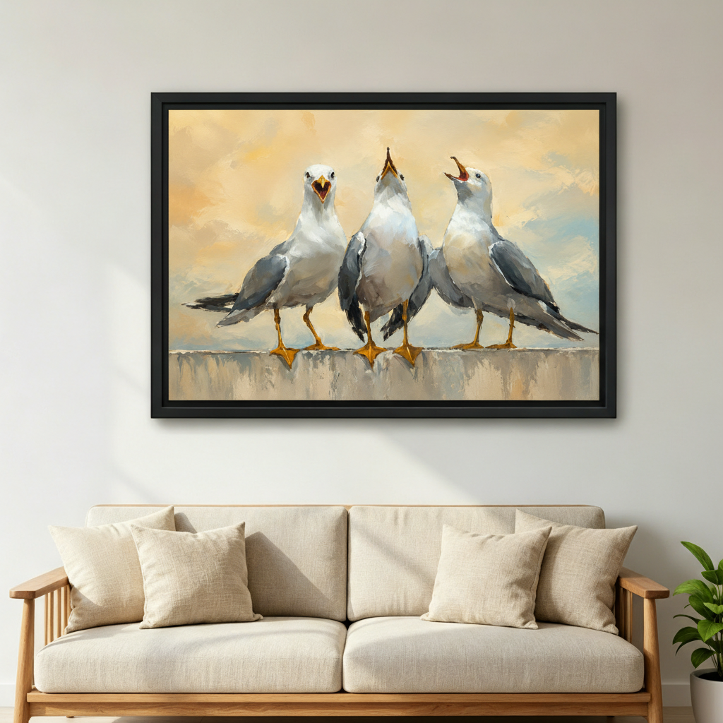 Seagull bird oil painting wall art in entryway home decor setting, three birds on stone wall canvas print perfect for beach house