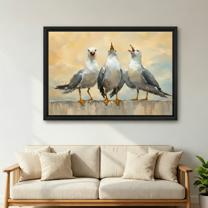 Seagull bird oil painting wall art in entryway home decor setting, three birds on stone wall canvas print perfect for beach house