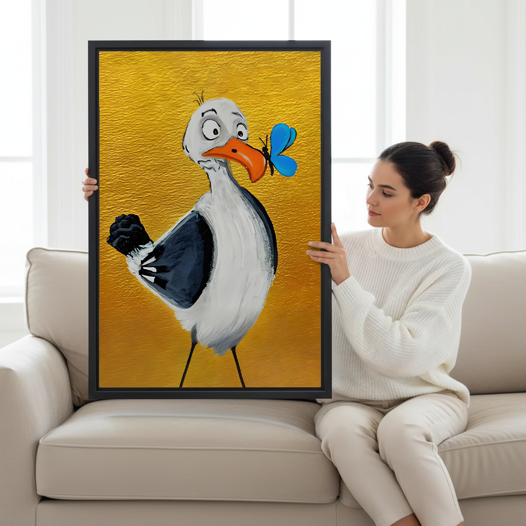 Seagull and butterfly canvas wall art with a yellow background, black-framed beside a bed, tree, and wooden stool.