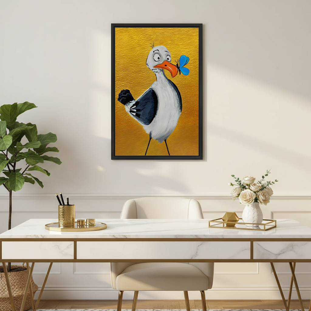 Colorful seagull and butterfly canvas wall art in a black frame above a white and gold home office desk.