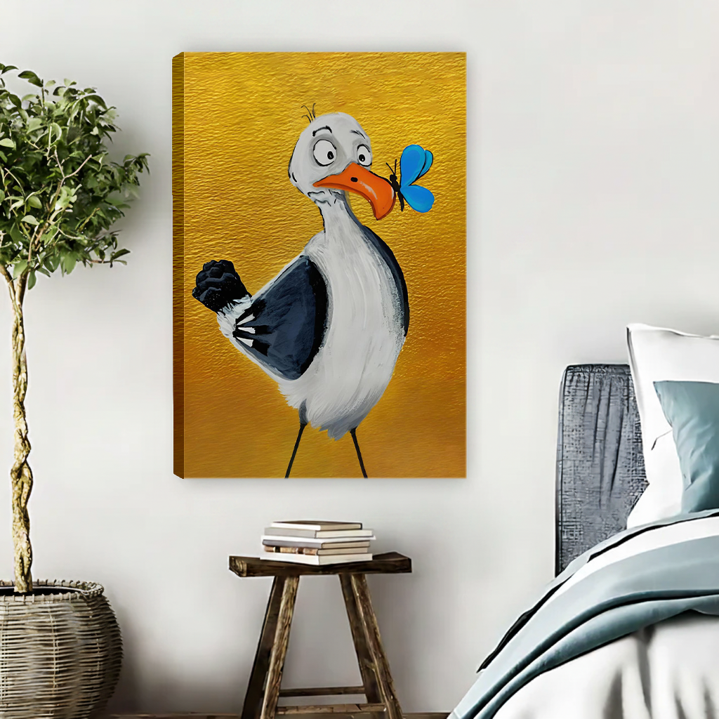 Whimsical seagull and butterfly canvas wall art in a black frame above a light sofa and wooden coffee table.