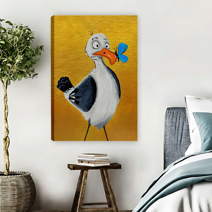 Whimsical seagull and butterfly canvas wall art in a black frame above a light sofa and wooden coffee table.