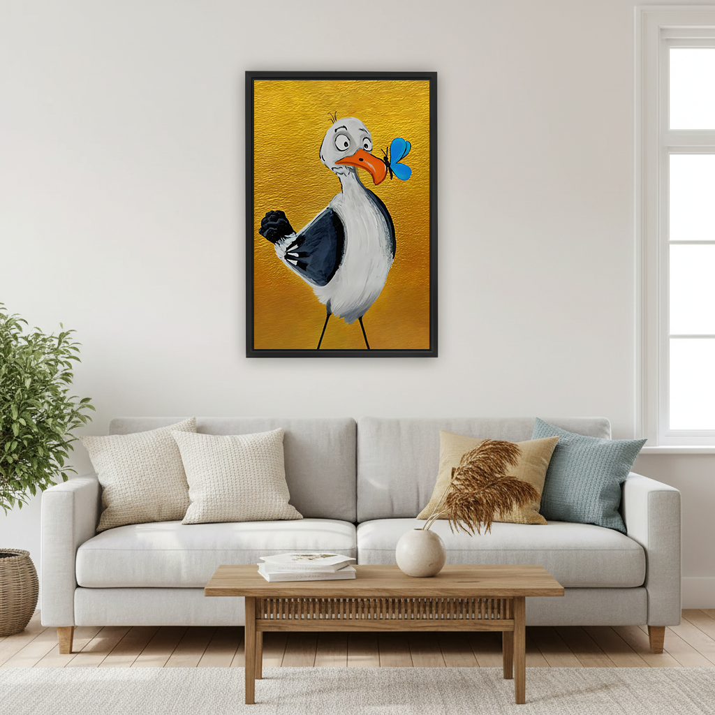 Unframed seagull and butterfly canvas wall art showing a blue butterfly on an orange beak, displayed beside a bed.
