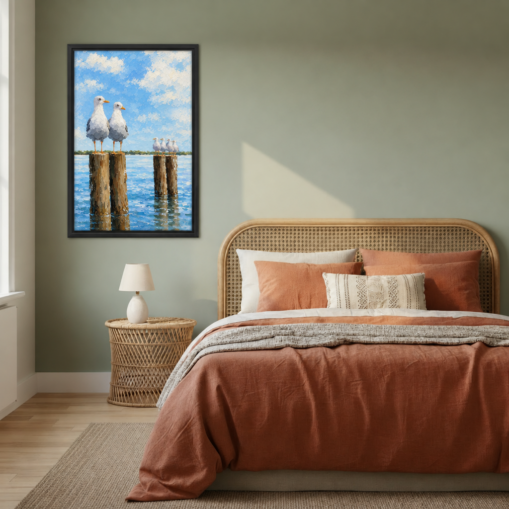 Framed seagull canvas wall art beside a woven headboard and terracotta bedding, bringing blue coastal tones to a bedroom.