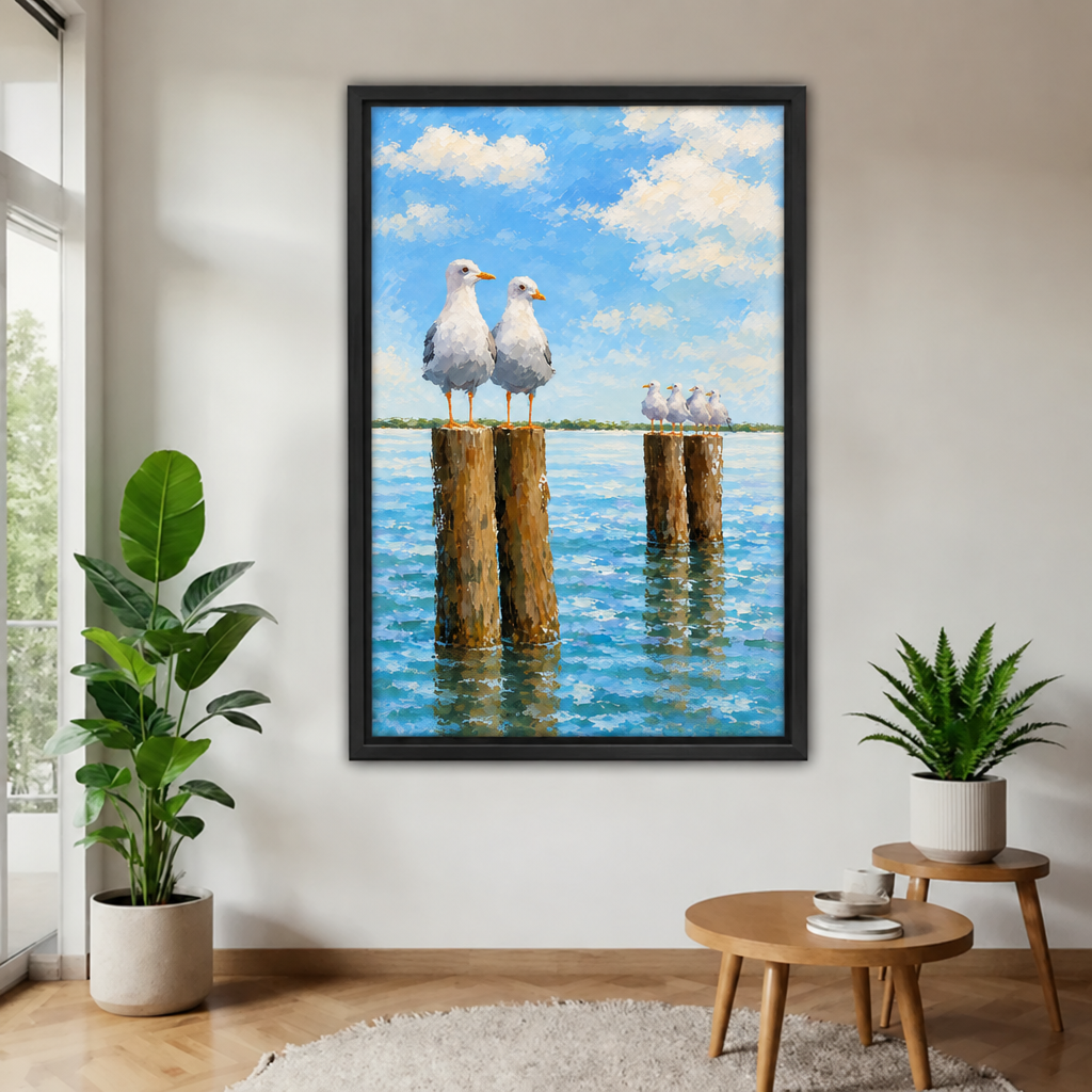 Framed seagull canvas wall art depicting birds on wooden pilings above blue water, displayed between leafy houseplants.