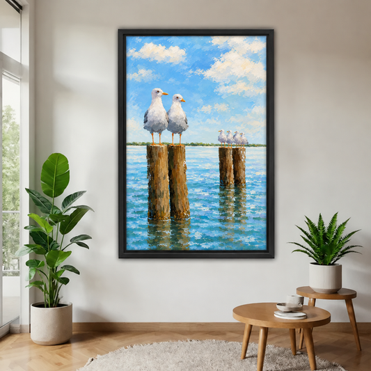 Framed seagull canvas wall art depicting birds on wooden pilings above blue water, displayed between leafy houseplants.