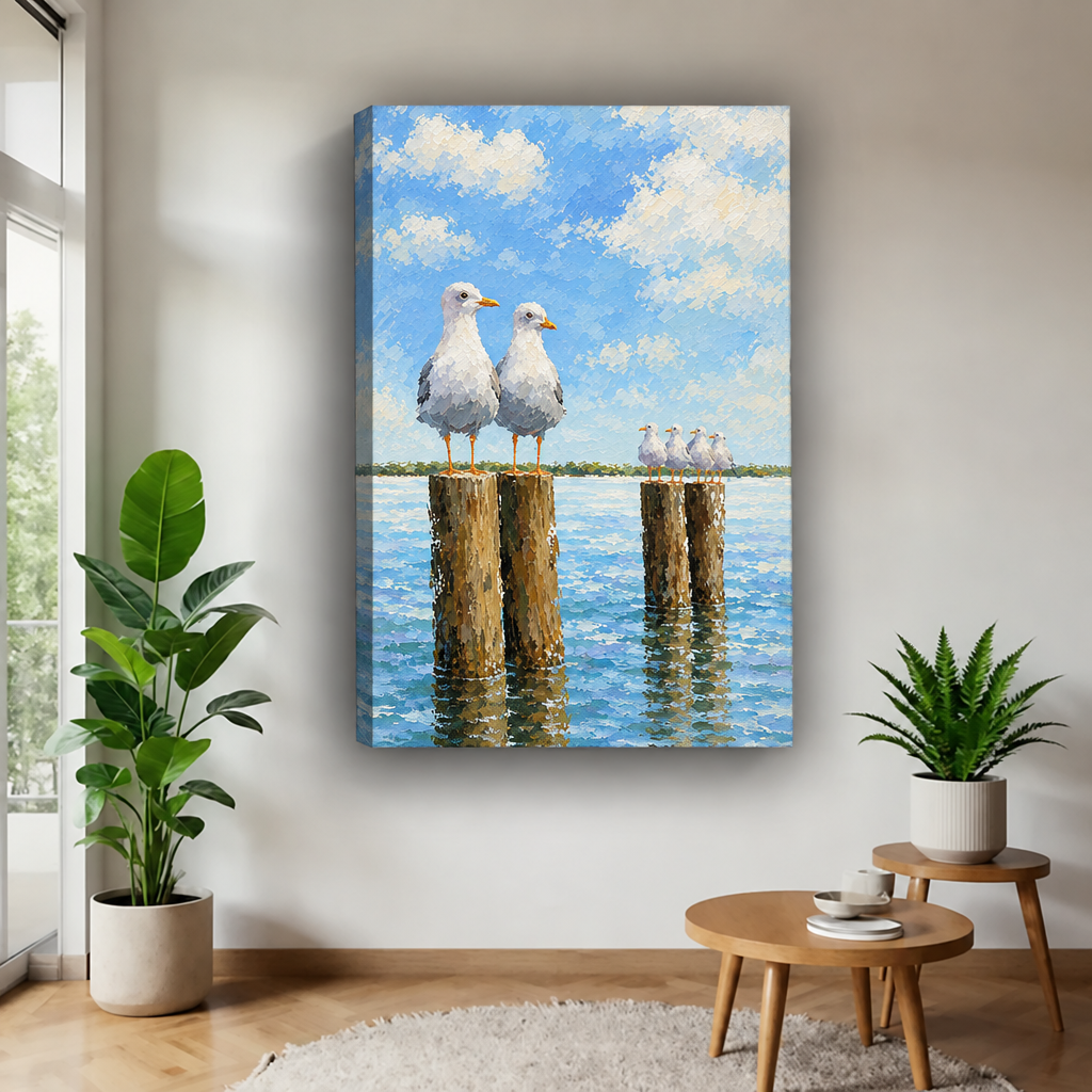 Seagull canvas wall art on an unframed gallery-wrap canvas with visible side depth, displayed beside plants and wooden tables.