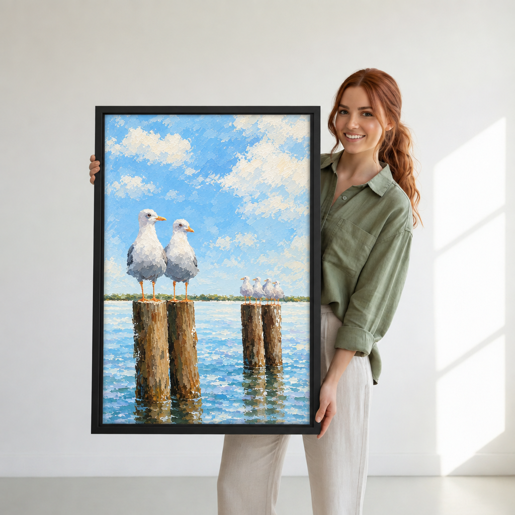Woman holding framed seagull canvas wall art featuring birds on wooden pilings beneath a blue sky with white clouds.