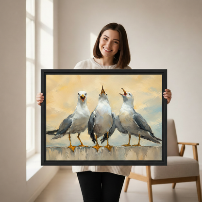 Seagull oil painting canvas wall art displayed in living room interior, three calling birds coastal print for modern home decor